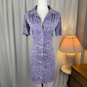 Vintage 1960s/1970s Shelton Stroller Shirt Dress Collared Purple Psychedelic S/M